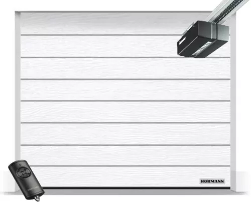 Hörmann 2375x2125, RAL9016, Woodgrain, M bordás, Duramatic motor, FS10 M közepes sínnel