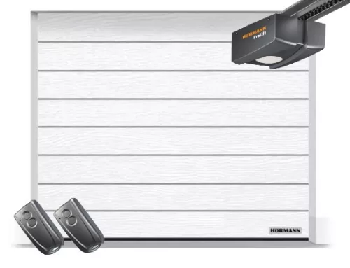 Hörmann 2375x2125, RAL9016, Woodgrain, M bordás, ProLift 600 motor, FS10 M közepes sínnel