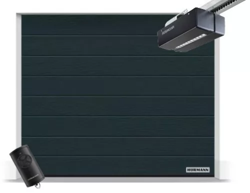 Hörmann 2500x2125, RAL7016, Woodgrain, M bordás, Promatic 4 motor, FS10 K rövid sínnel