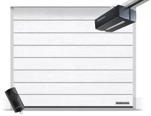 Hörmann 2500x2125, RAL9016, Woodgrain, M bordás, Promatic 4 motor, FS10 L hosszú sínnel