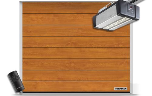 Hörmann szekcionált garázskapu 2500x2250 - SupraMatic E4 meghajtással - M bordás DecoColor Golden Oak