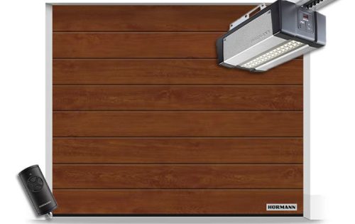 Hörmann szekcionált garázskapu 2500x2250 - SupraMatic E4 meghajtással - M bordás DecoColor Golden Oak